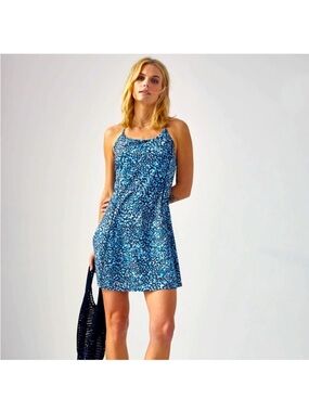 Athleta Infinity Dress Printed Clouded Leopard Blue Built-In Shorts size Small